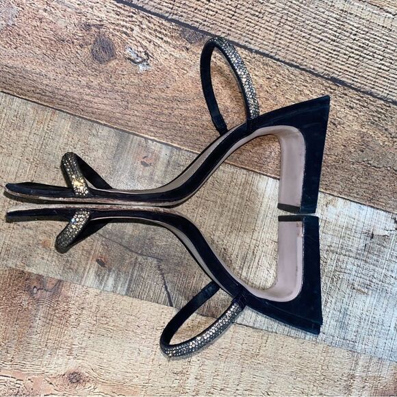 Schutz Salwa Black Suede Rhinestone Open Toe Thin Strap Heel Mule Sandal 8.5 - Picture 9 of 12
